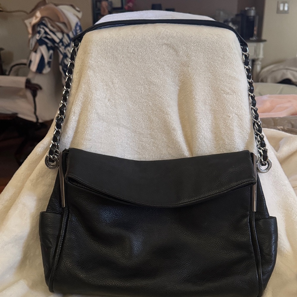 Black Leather Shoulder Bag with Chain Strap. Soft like butter